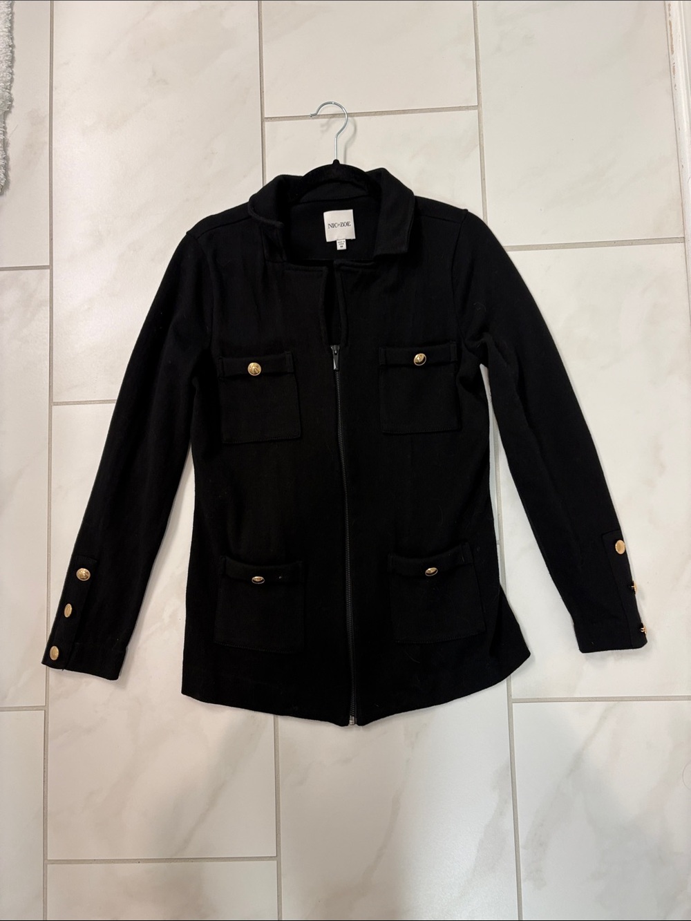 NIC+ZOE Black Zip cotton blazer Jacket with Gold Button Accents
